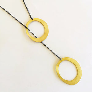 Long gold plated silver necklace, double oval necklace on chain Abstract
