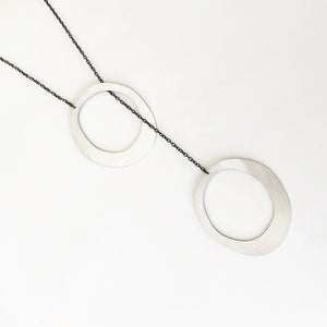 Long silver necklace, double oval necklace on chain Abstract
