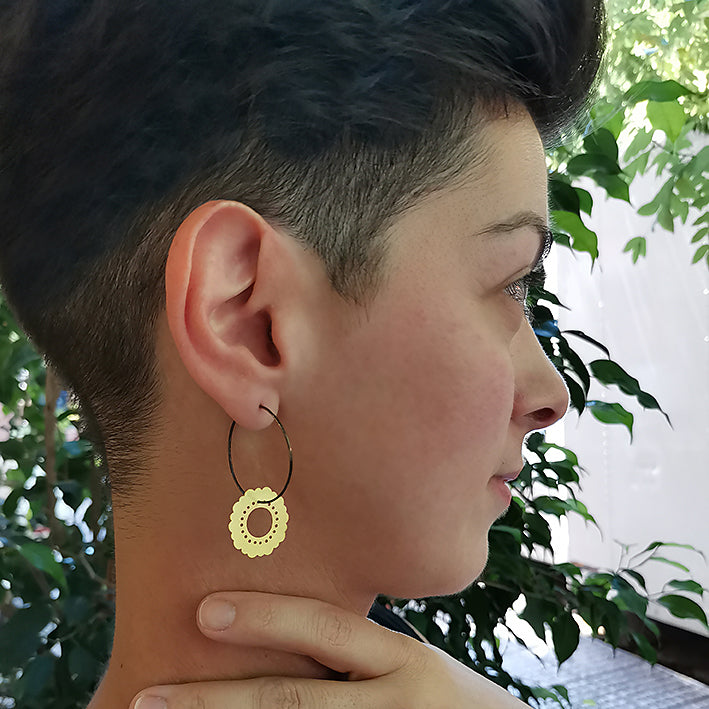 Handmade drop hoop earrings Flower (gold plated silver)